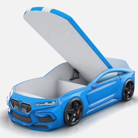 Кровать-машина Romeo-М с матрасом, ящиком для белья и подсветкой фар, голубая 