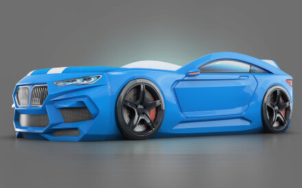 Кровать-машина Romeo-М с матрасом, ящиком для белья и подсветкой фар, голубая 